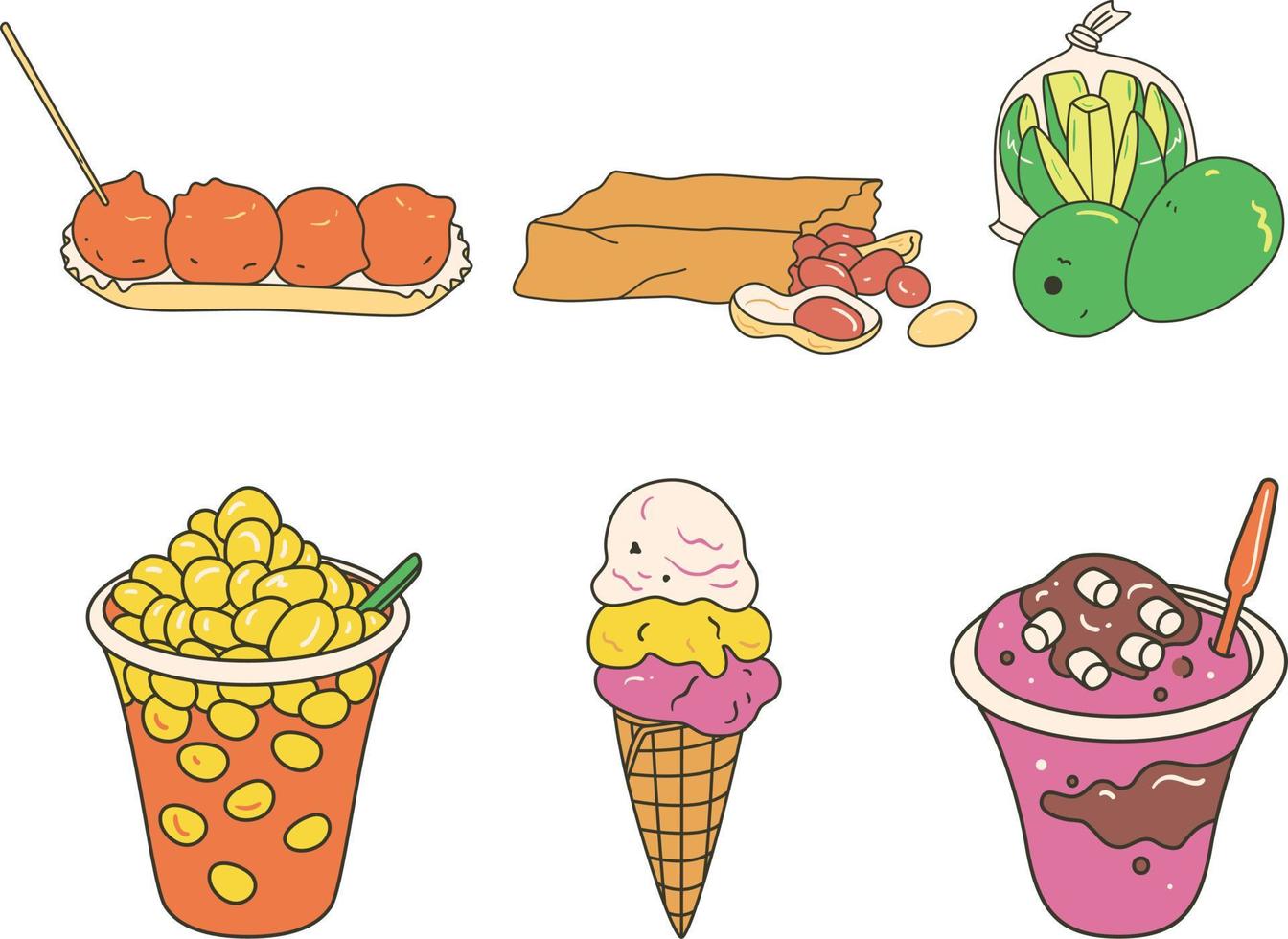 Ice cream, fruit and chocolate on white background. Vector illustration.