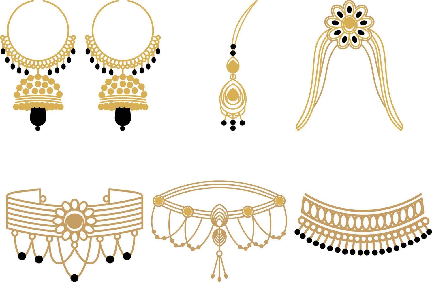 Set of gold jewelry necklaces and earrings. Vector illustration