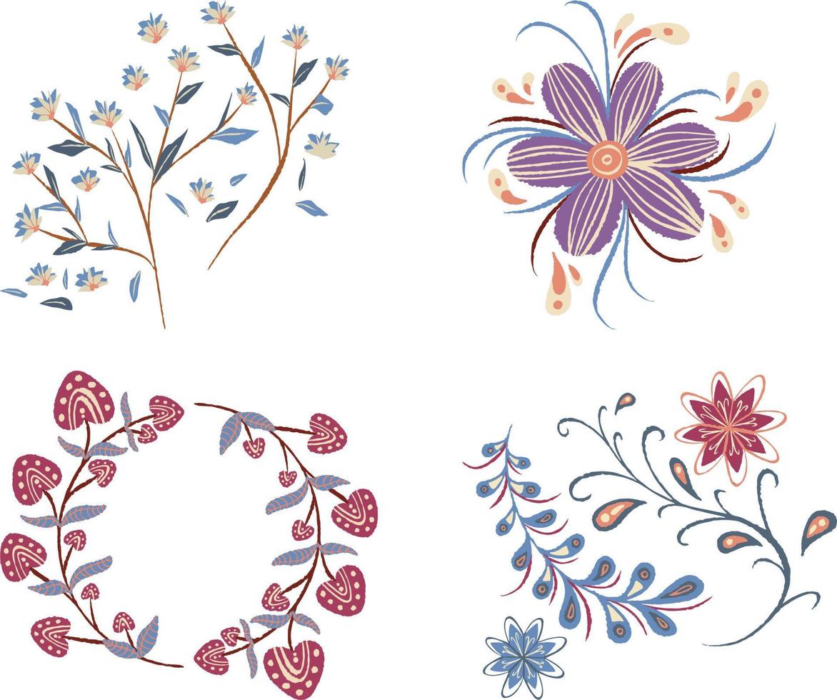 Vector set of floral wreaths. Hand drawn flowers and leaves.