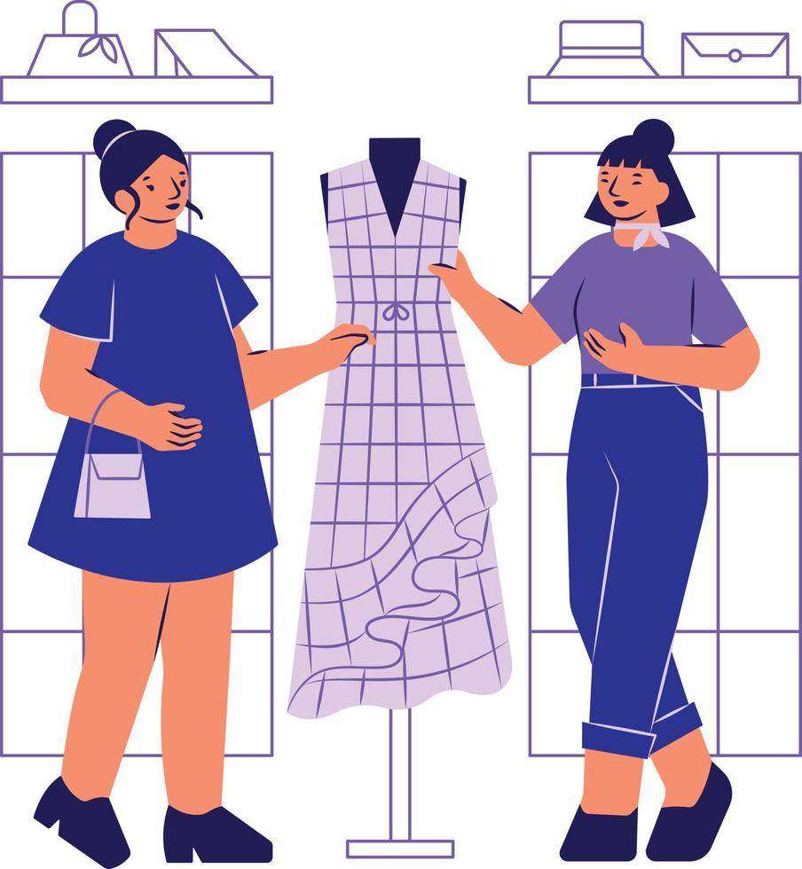 Tailor and Tailor Shop Concept. Female Tailor Character Holding Cloth in Hand and Looking at Mannequin in Fashion Store. Cartoon Flat Vector Illustration