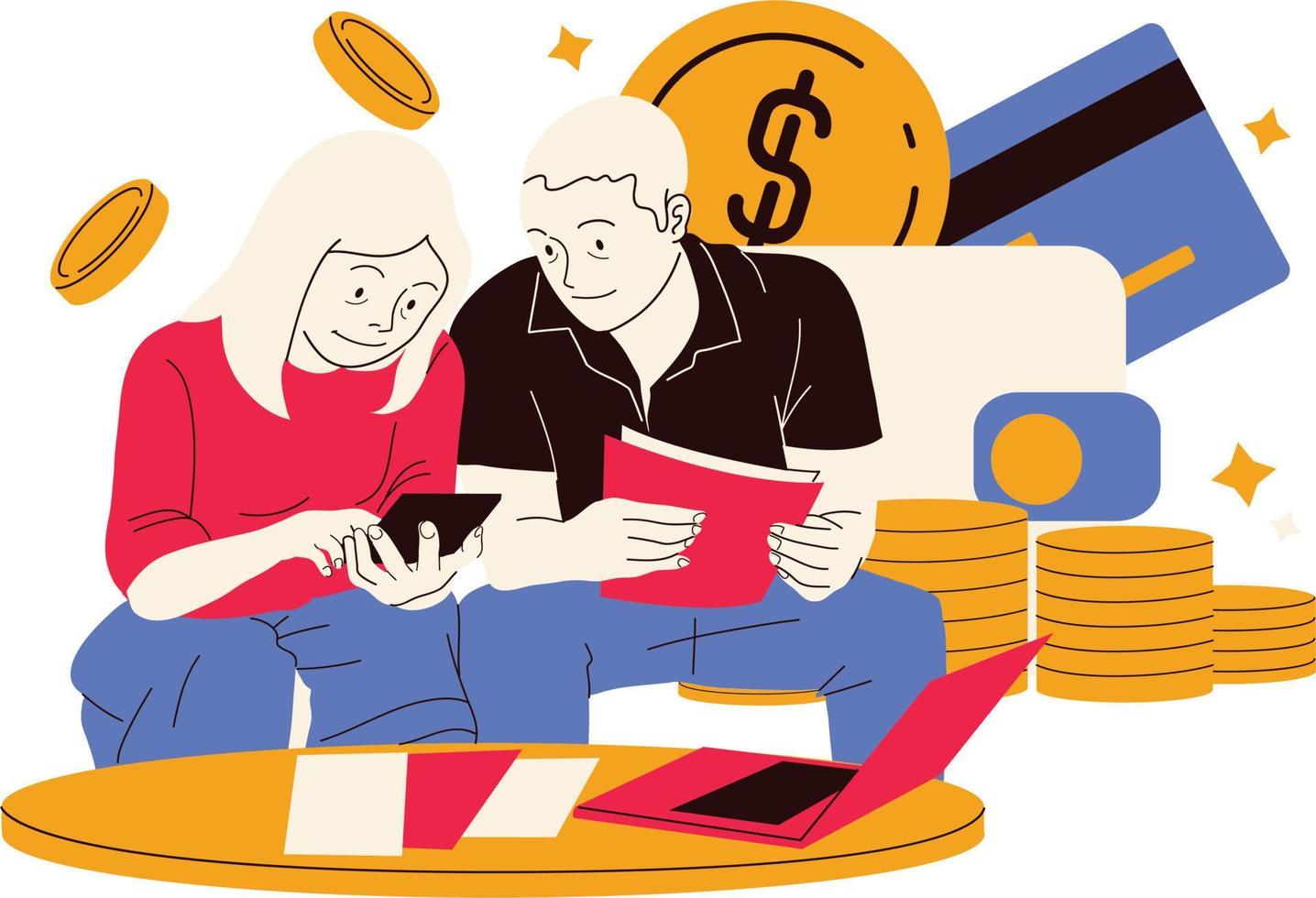 Elderly couple sitting on the floor with credit card and money, flat vector illustration.