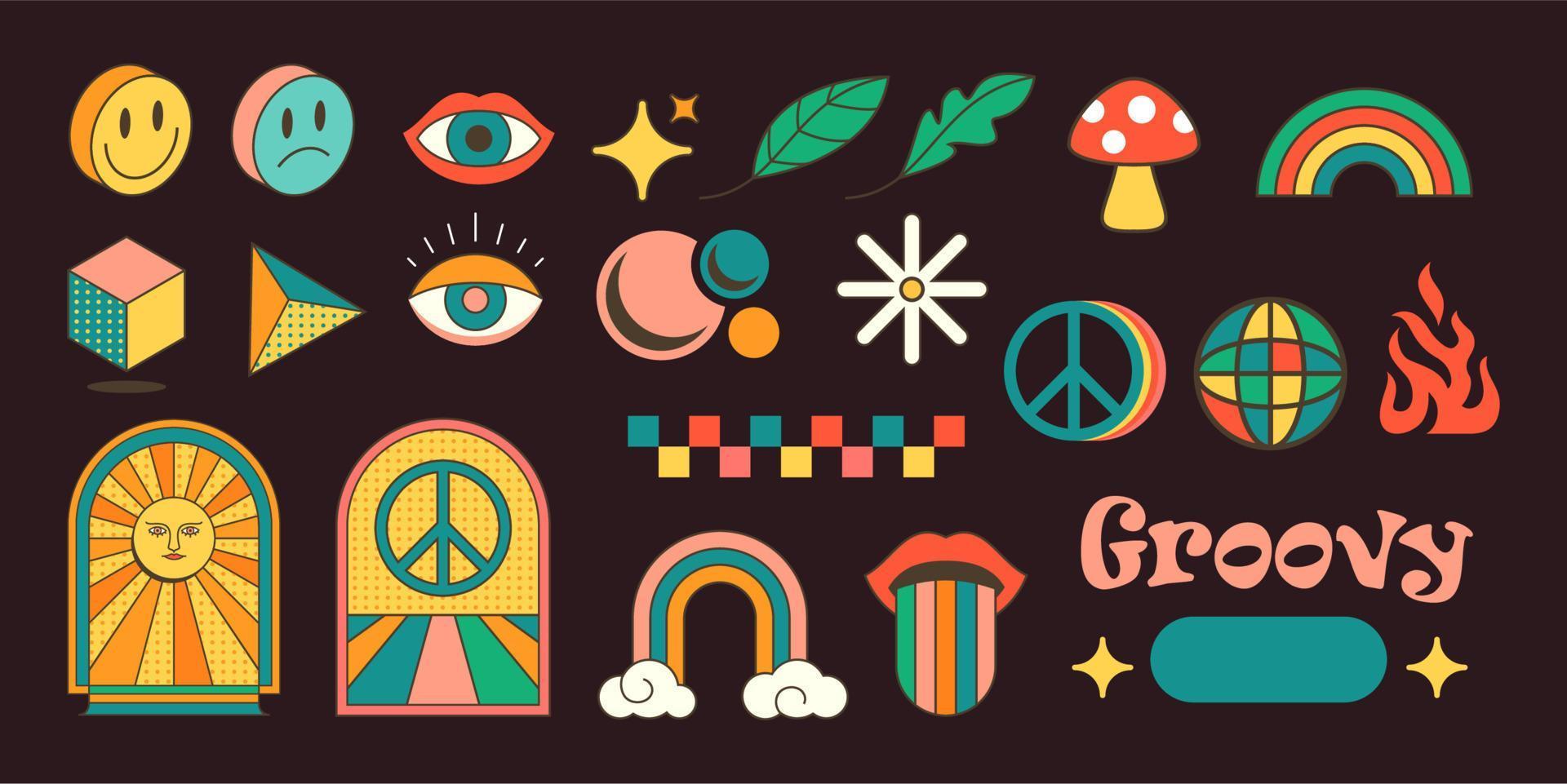 conjunto vectorial de pegatinas de imágenes prediseñadas psicodélicas de los años 70. elementos gráficos retro maravillosos o pegatinas hippies de dibujos animados. ilustraciones boho vintage. obra de arte abstracto inconformista. vector