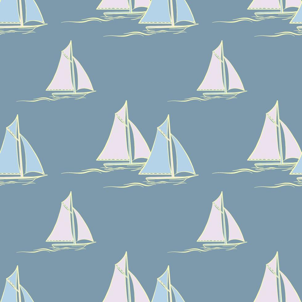 Sailboat and wave. Seamless pattern with cartoon boats. Vector texture.