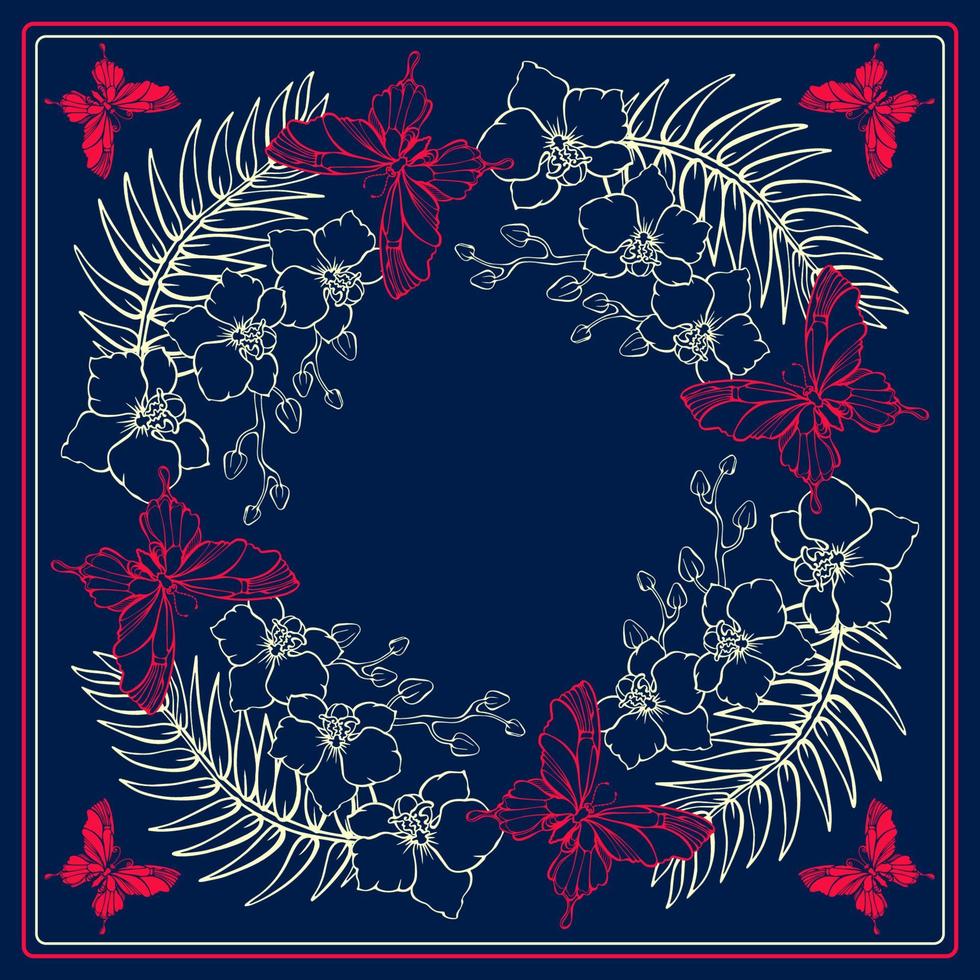 Botanical square pattern with tropical flowers and butterflies. Bandana. Vector. vector