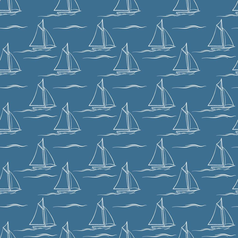 Sailboat and wave. Seamless pattern with cartoon boats. Vector texture.