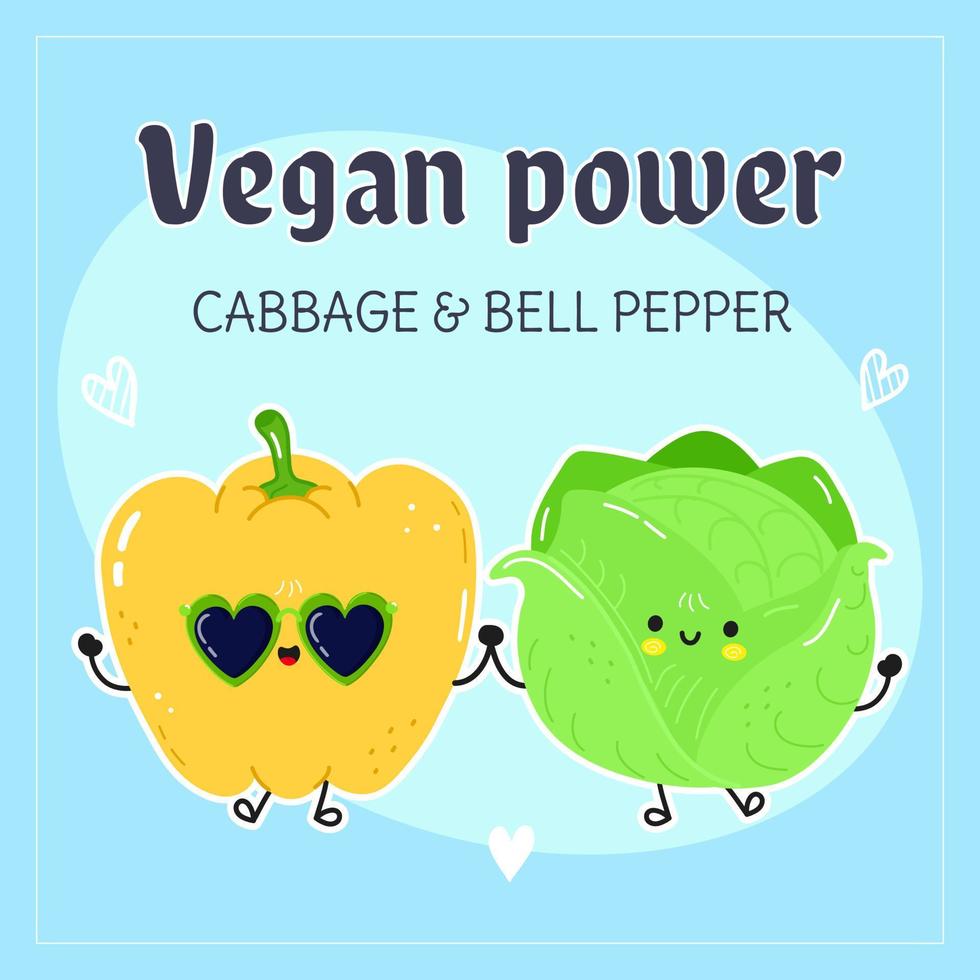 Cabbage and bell pepper card. Vector hand drawn doodle style cartoon character illustration icon design. Happy Cabbage and bell pepper friends concept card