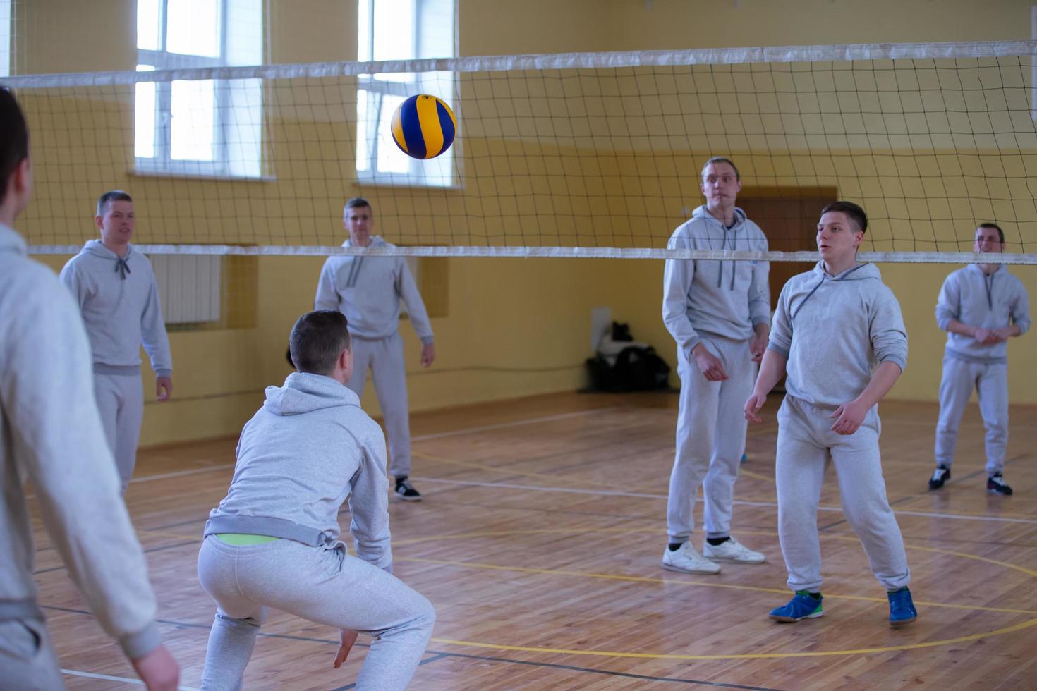 Belarus, the city of Gomil, April 12, 2017.An open lesson in the college of physical education. People play volleyball in the gym. photo