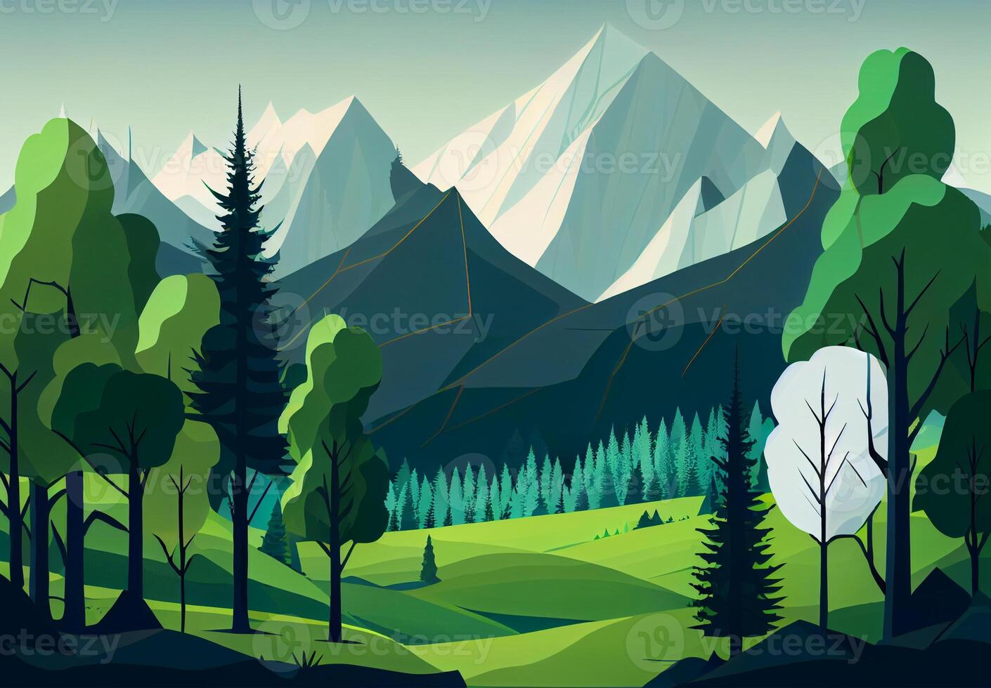 Panoramic abstract mountain scenery in flat style. Natural wallpaper - image photo