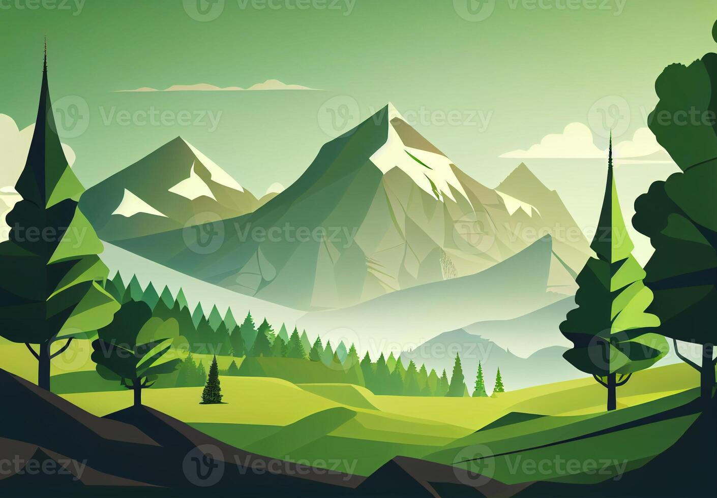 Panoramic abstract mountain scenery in flat style. Natural wallpaper - image photo