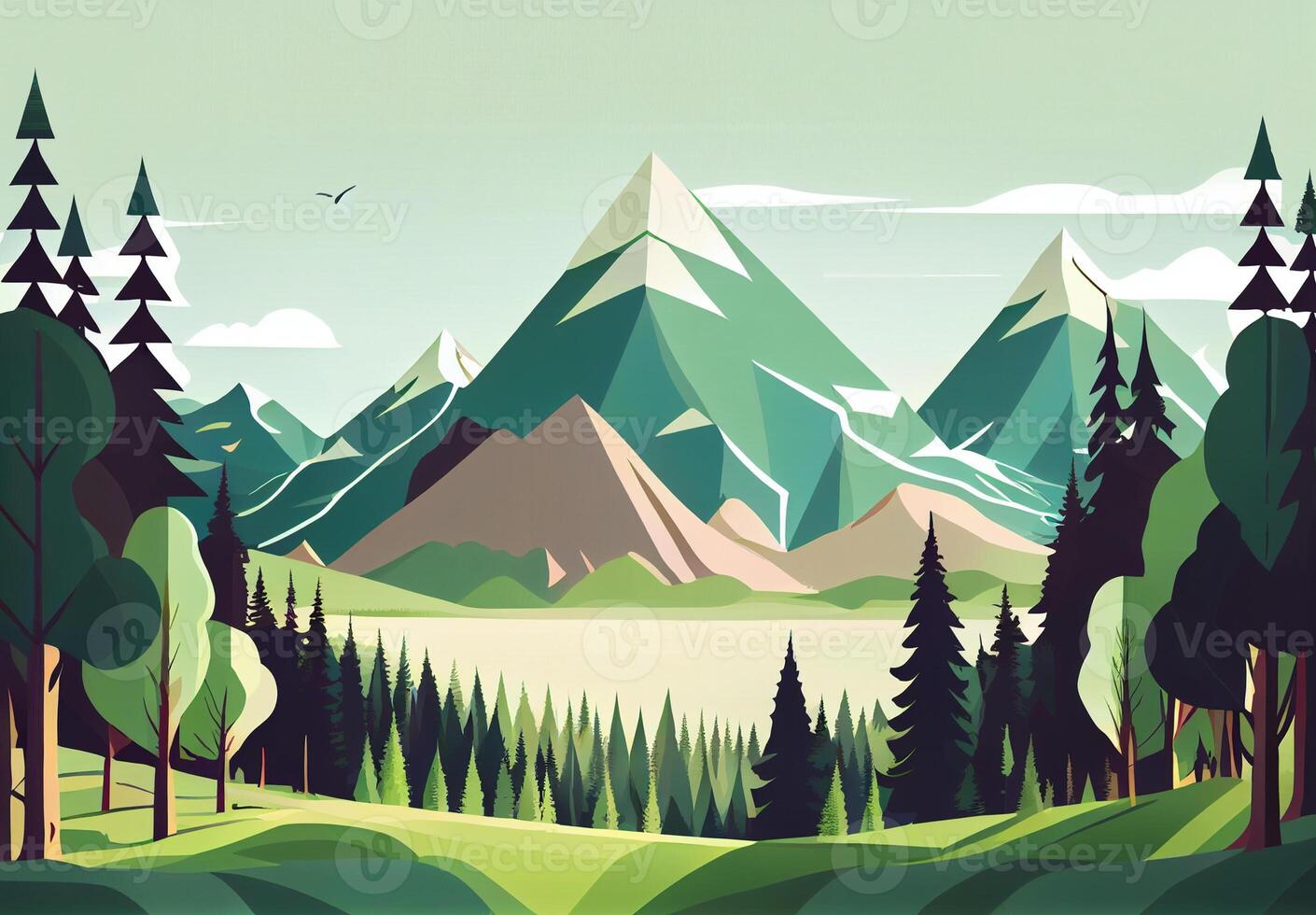 Panoramic abstract mountain scenery in flat style. Natural wallpaper - image photo