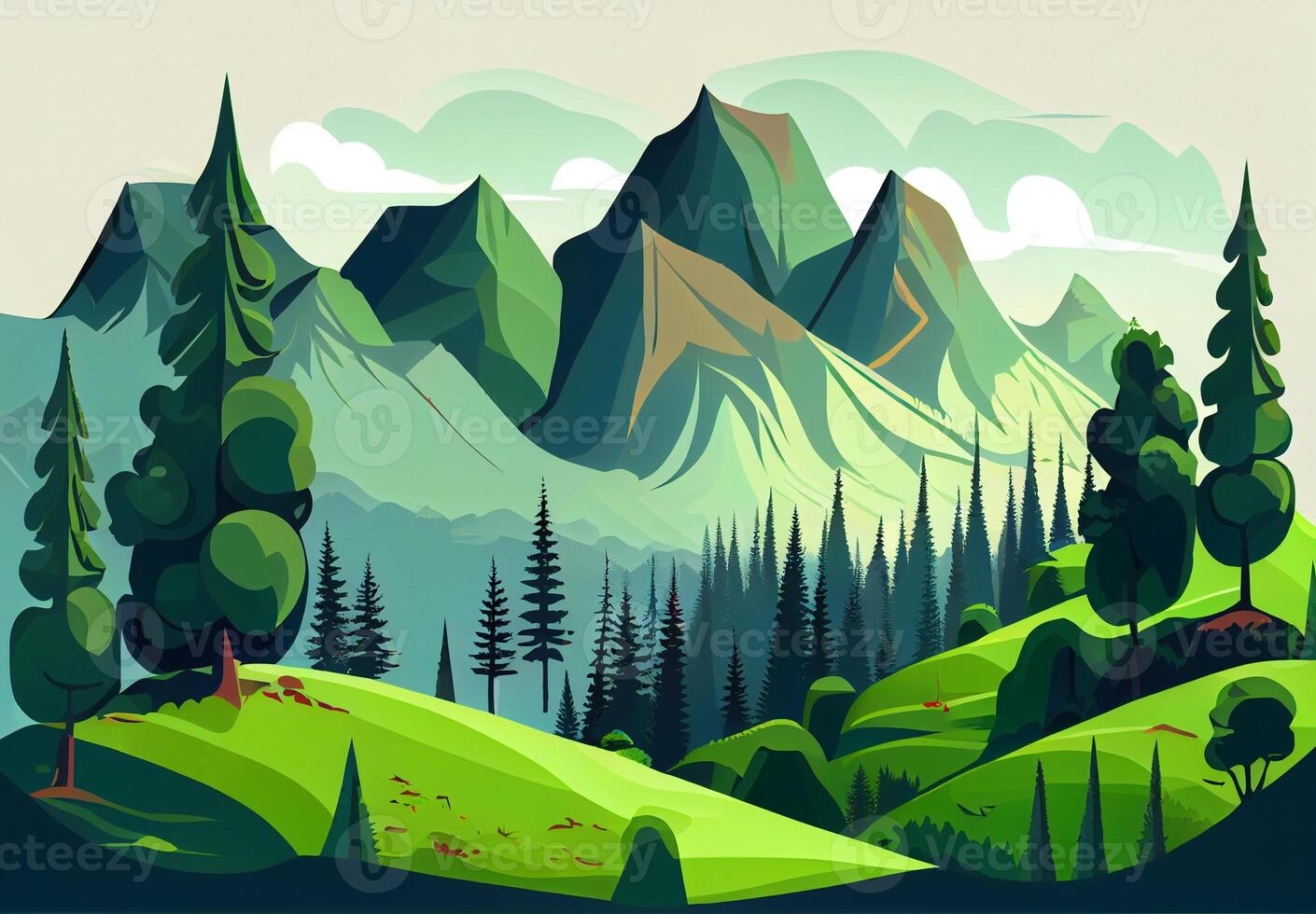 Panoramic abstract mountain scenery in flat style. Natural wallpaper - image photo