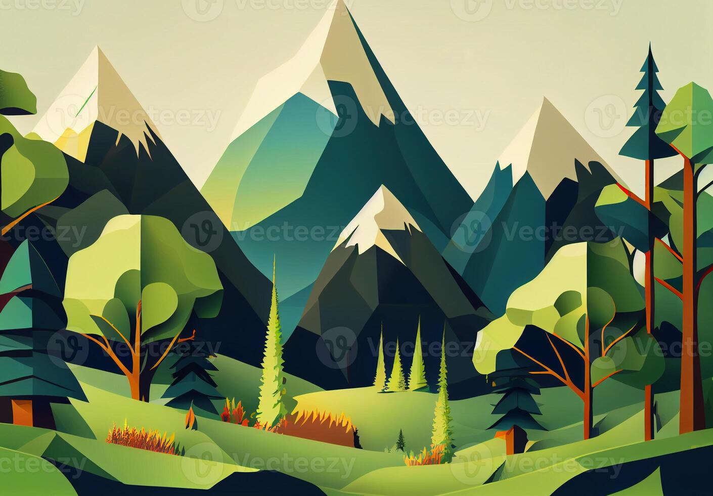 Panoramic abstract mountain scenery in flat style. Natural wallpaper - image photo
