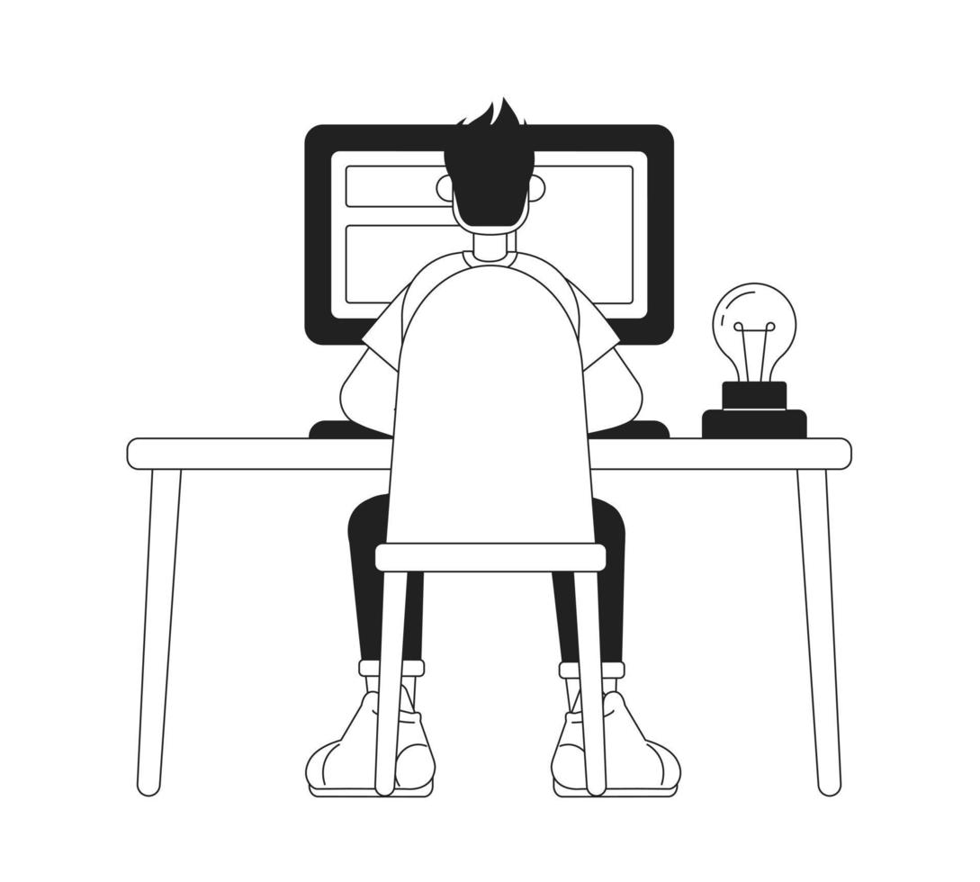 Guy sitting at table with computer monochromatic flat vector character. Linear hand drawn sketch. Editable full body person. Simple black white spot illustration for web graphic design and animation