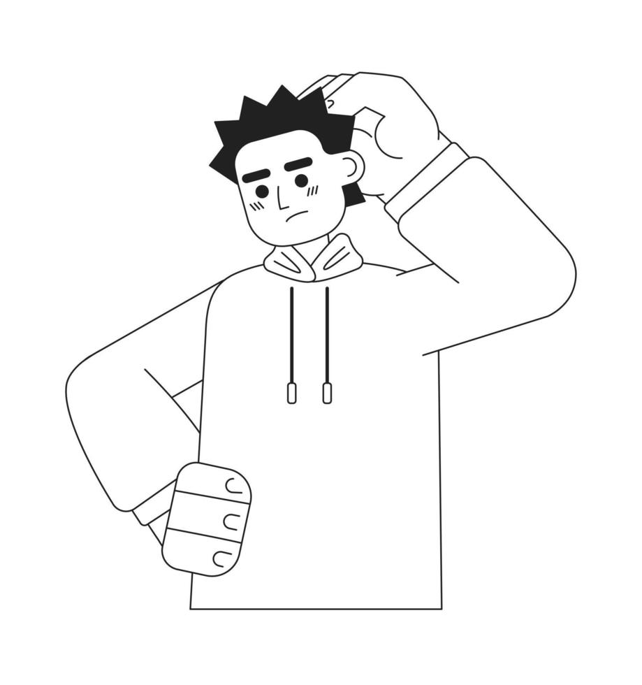 Guy rubbing head in confusion monochromatic flat vector character. Linear hand drawn sketch. Editable half body person. Simple black and white spot illustration for web graphic design and animation