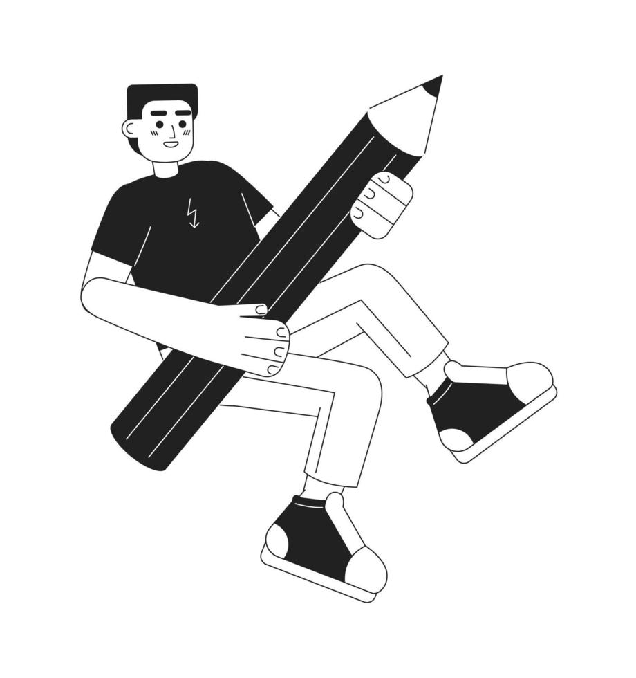 Designer artist with pencil monochromatic flat vector character. Linear hand drawn sketch. Editable full body person. Simple black and white spot illustration for web graphic design and animation