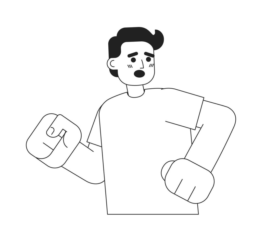 Scared guy running away monochromatic flat vector character. Linear hand drawn sketch. Editable half body person. Simple black and white spot illustration for web graphic design and animation