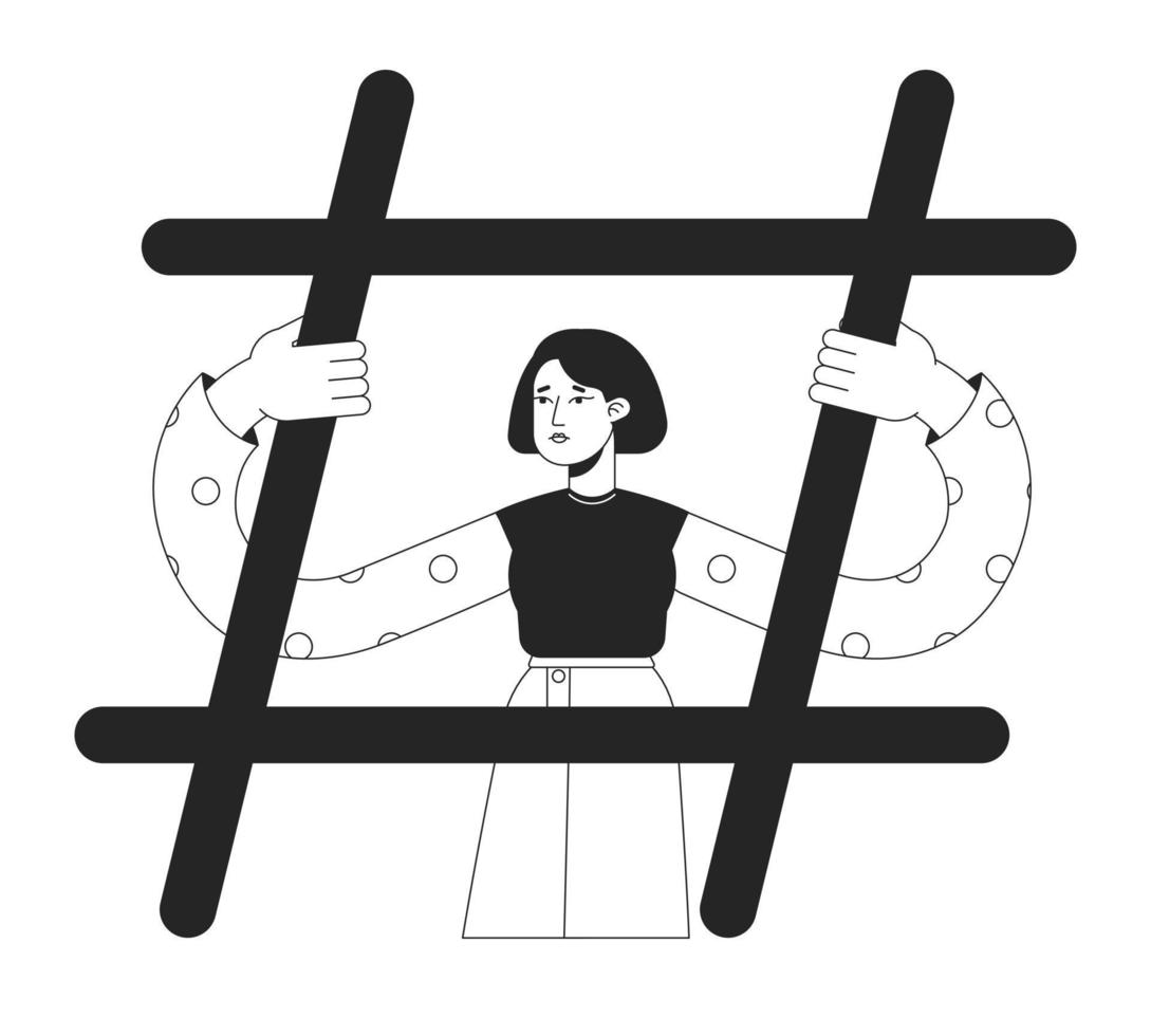 Getting hashtaged on social media black and white concept vector spot illustration. Editable 2D flat monochrome cartoon character for web design. Trend line art idea for website, mobile, blog