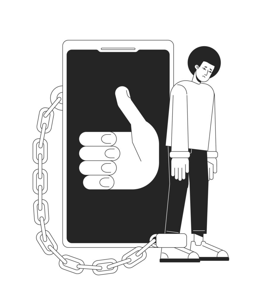 Being chained to smartphone black and white concept vector spot illustration. Editable 2D flat monochrome cartoon character for web design. Phone addiction line art idea for website, mobile, blog