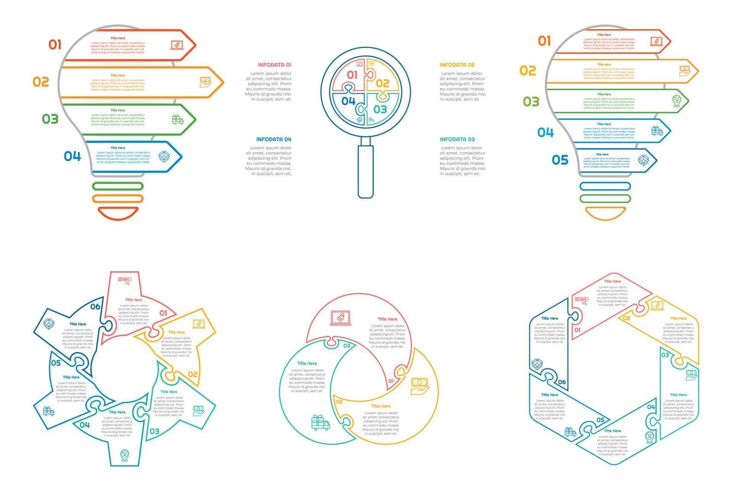 Infographic bundle set with 4, 5, 6 steps, options or processes for workflow layout, diagram, annual report, presentation and web design. vector