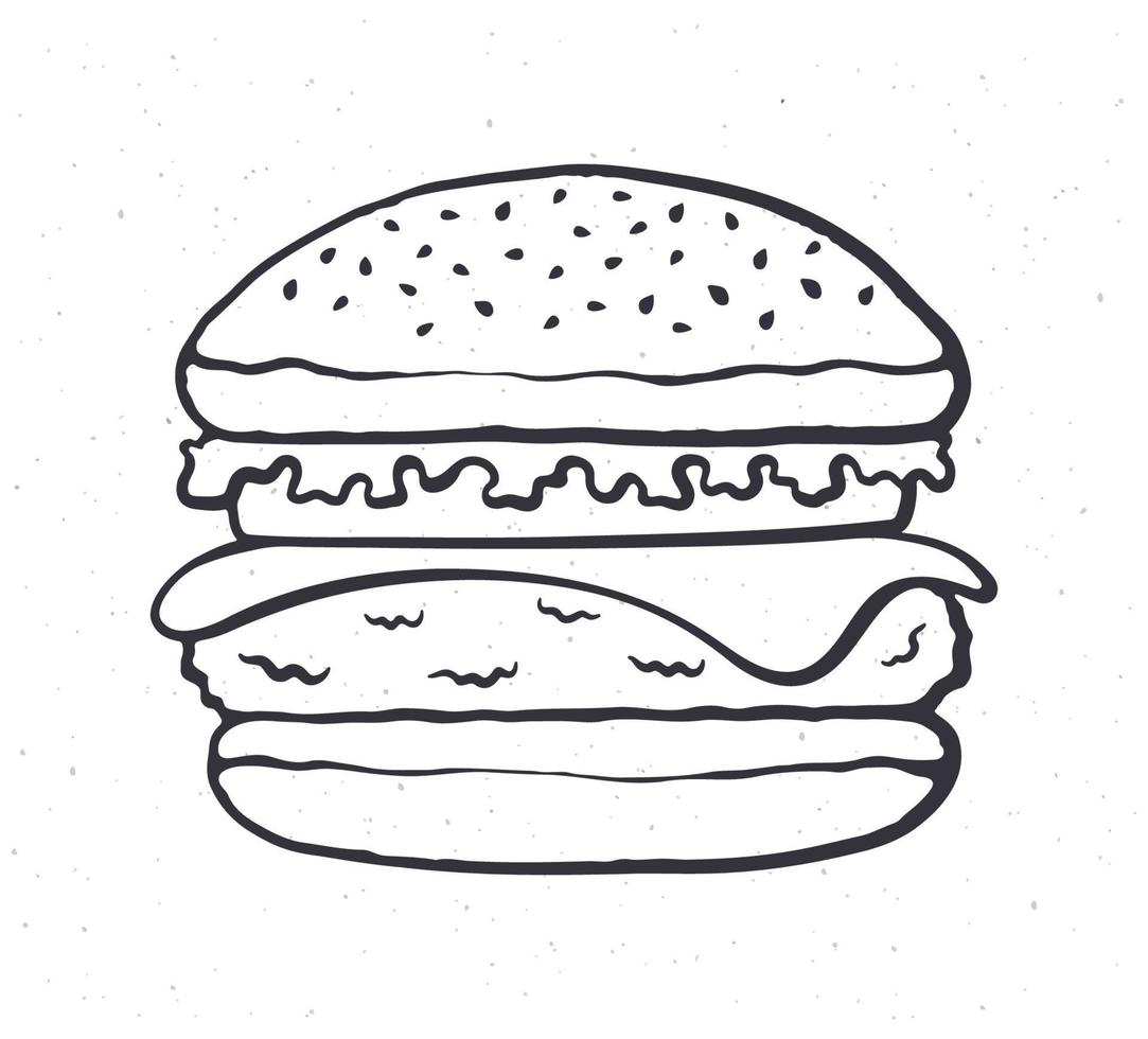 garabatear ilustración de grande hamburguesa con queso, tomate y ensalada vector