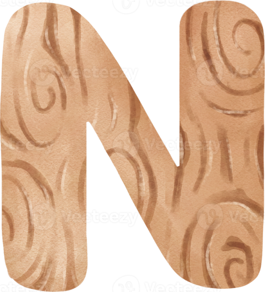 schattig houten Engels alfabet brief n, kind waterverf png