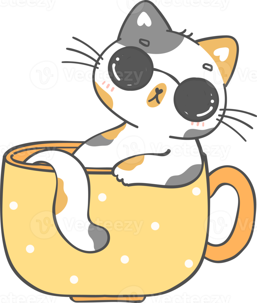 Funny playful cat in coffee cup cartoon doodle hand drawing png