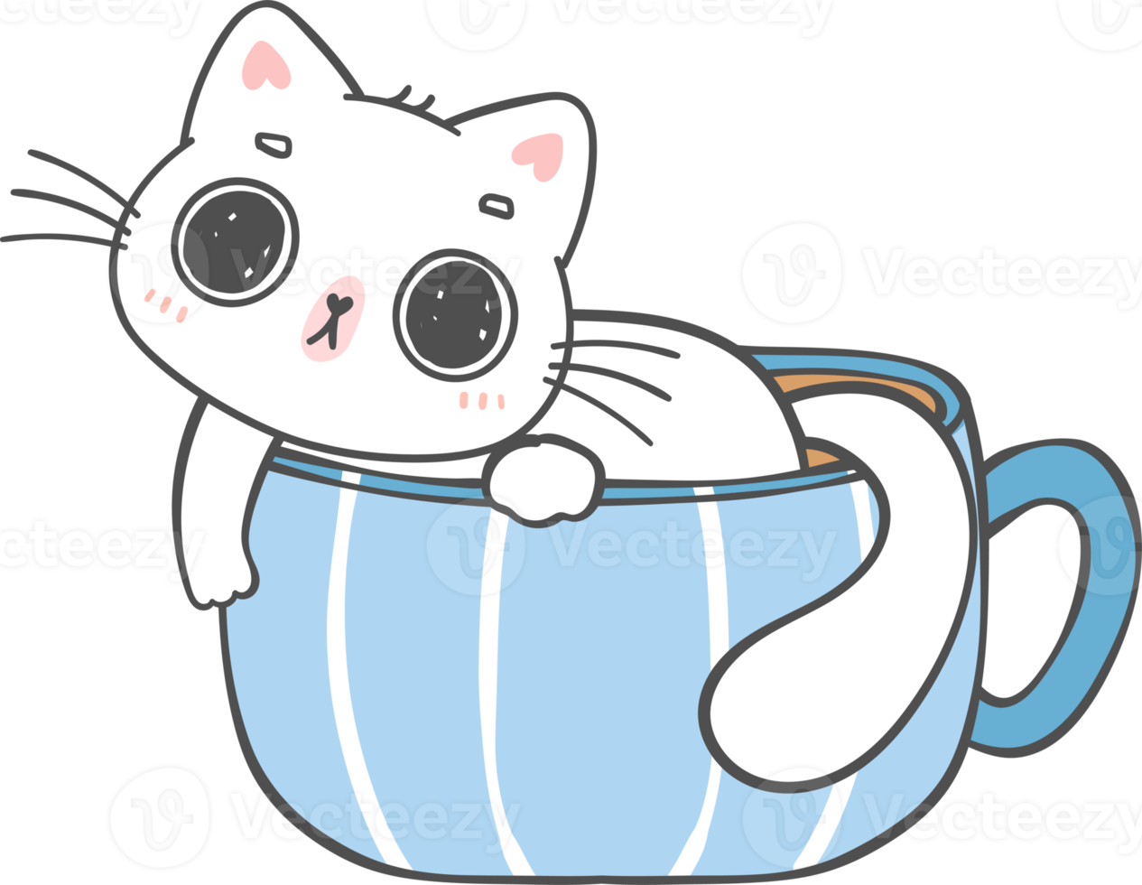 Funny playful cat in coffee cup cartoon doodle hand drawing png