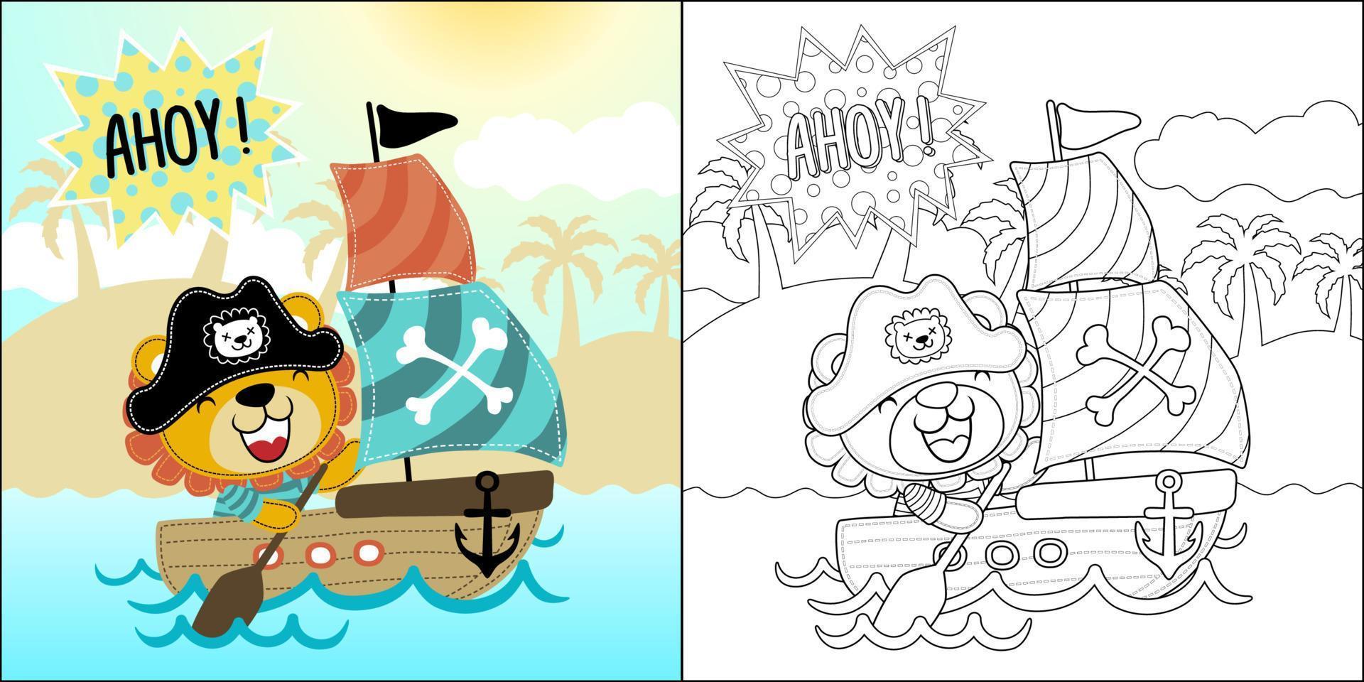 vector cartoon of cute lion in pirate costume on sailboat, coloring book or page