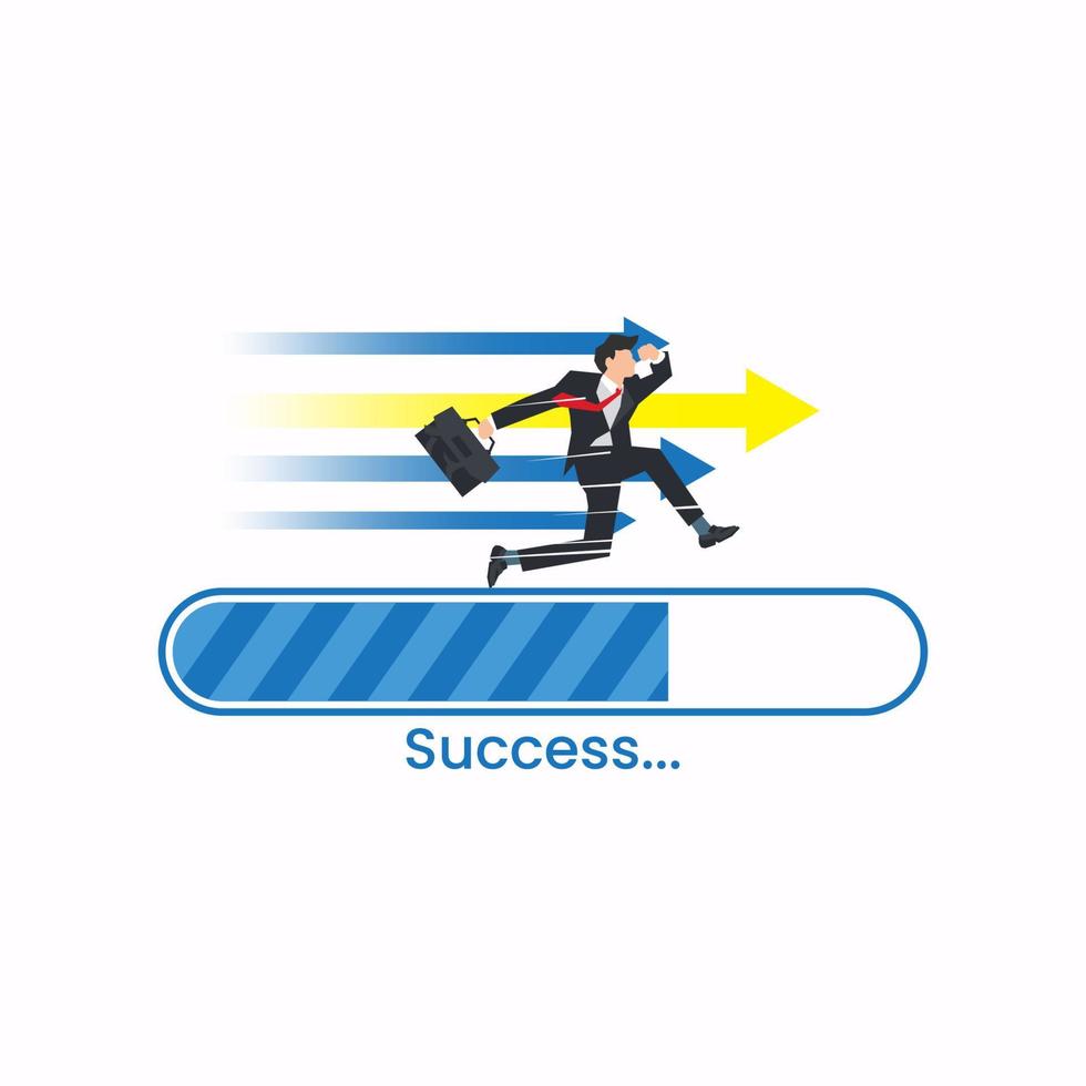 Businessman running on success loading bar. Success process in progress vector illustration