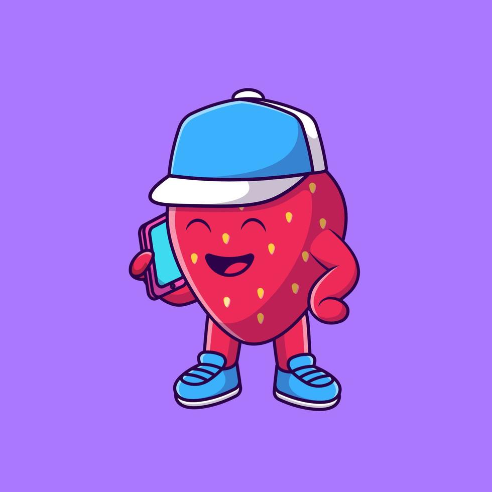 Cool Strawberry Call By Phone Cartoon Vector Icons Illustration. Flat Cartoon Concept. Suitable for any creative project.