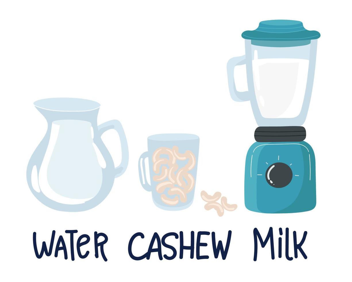 Vector illustration of a cashew milk bottle. Vegetable milk from nuts. Lactose-free milk. Vegan milk. Cashew