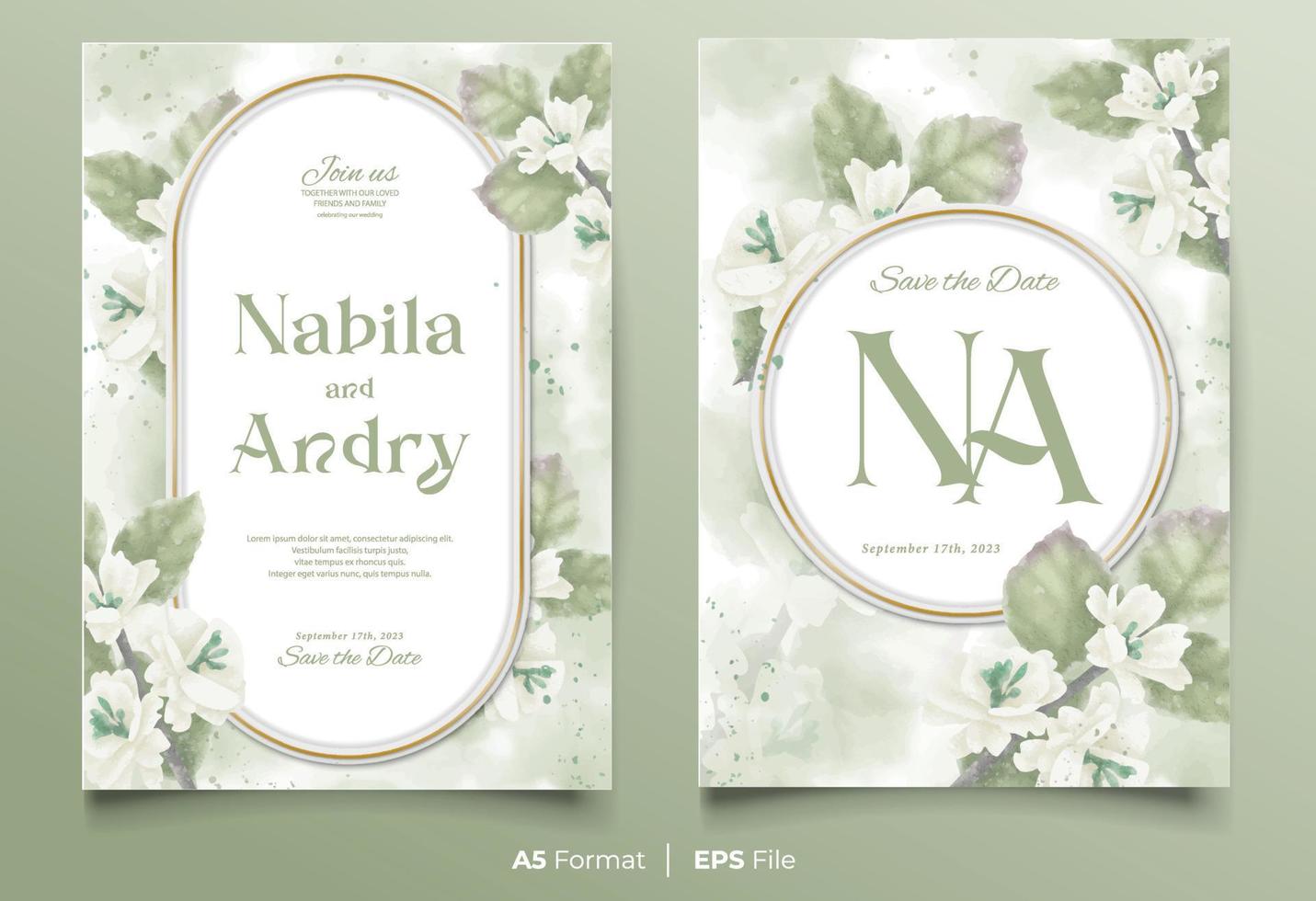 acuarela Boda invitación tarjeta modelo con blanco y verde flor ornamento vector