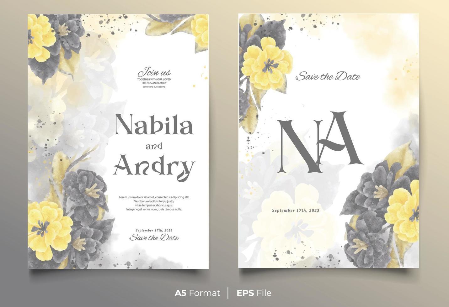 watercolor wedding invitation card template with yellow and black flower ornament vector