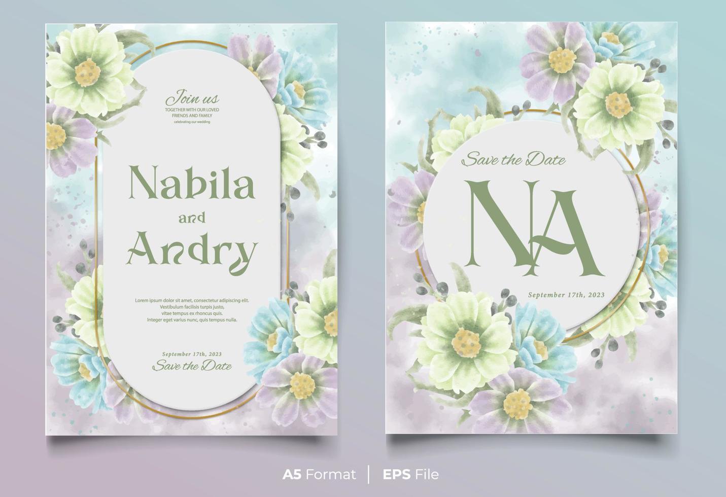 watercolor wedding invitation card template with colorful flower ornament vector