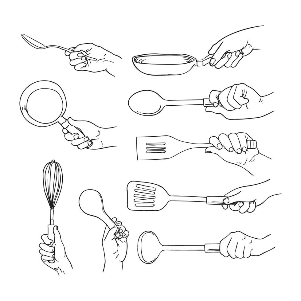 line drawing of a hand holding a kitchen utensil vector