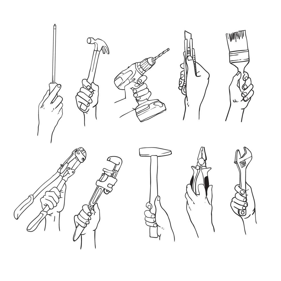 line drawing of a hand holding a carpentry tool vector