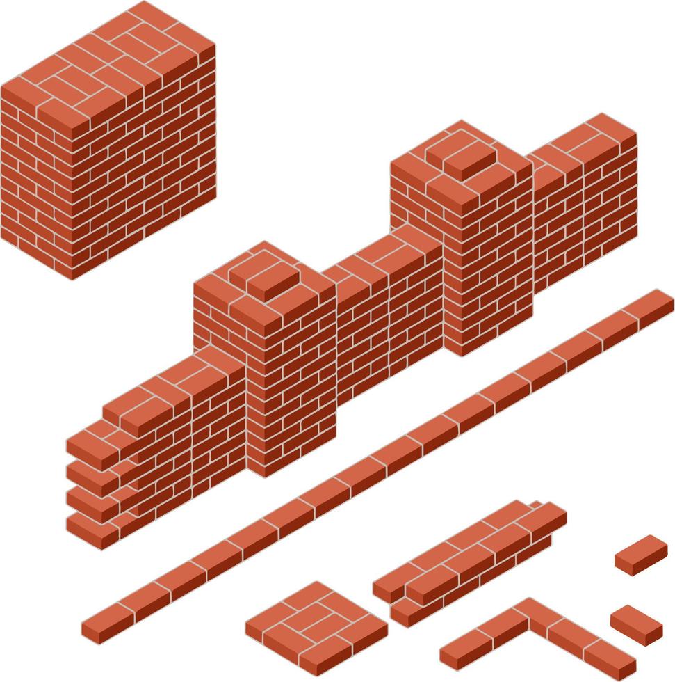 Red brick wall in isometric view. Construction of buildings. Fence with a tower in the corner. The barrier and the curb stone. Material for repair. border of territory. vector