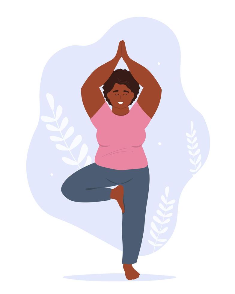 Plump woman doing yoga, meditating. Fat active exercise for balance, weight loss. Vector flat graphics.