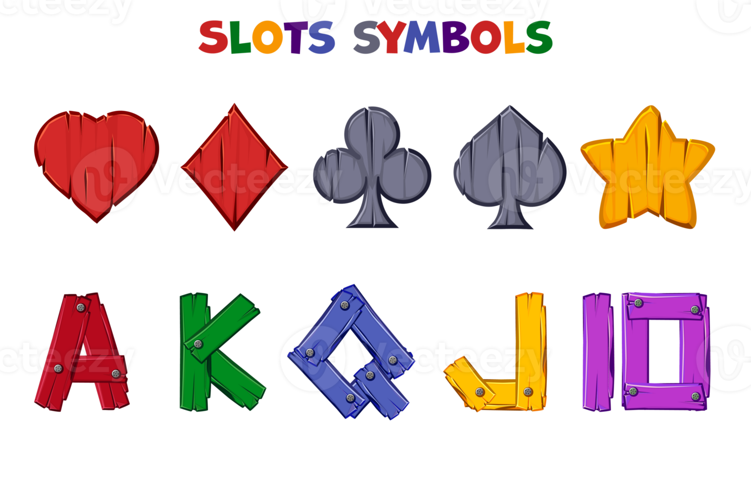 Set of isolated colored wooden slots symbols, Casino icons png