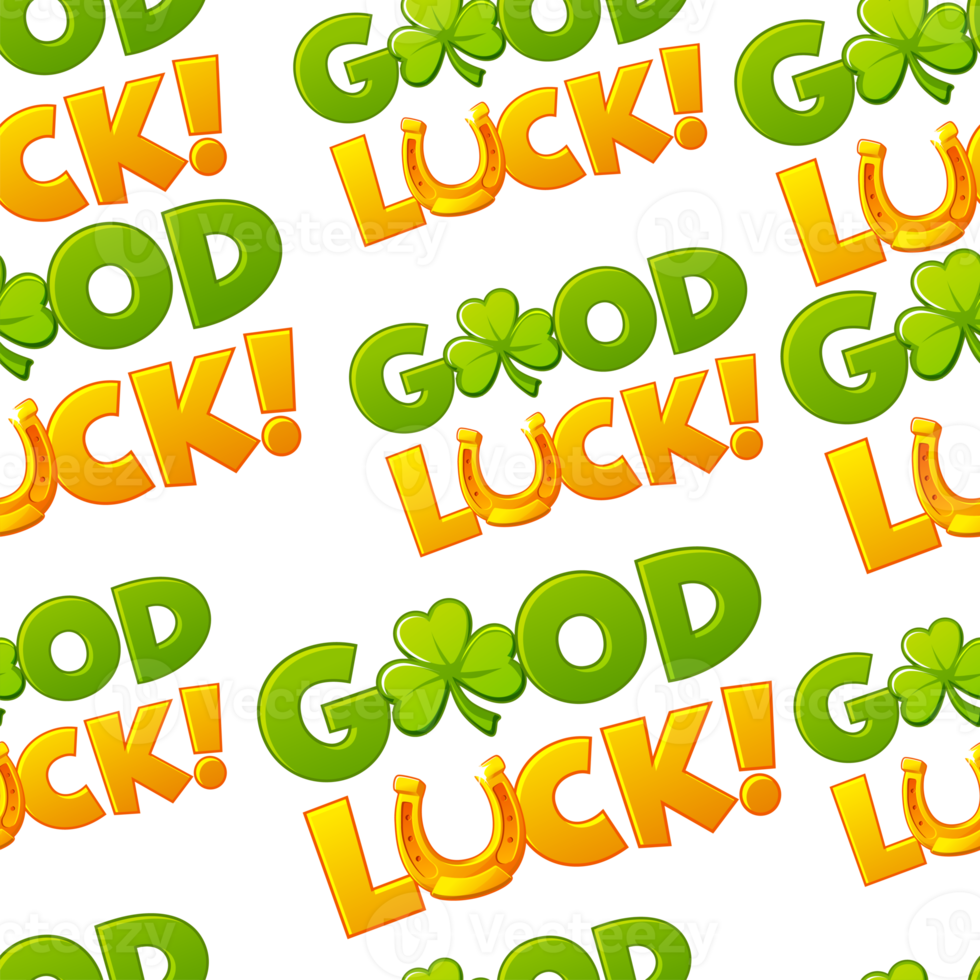 Seamless pattern with good luck text. Background with horseshoe and clover png