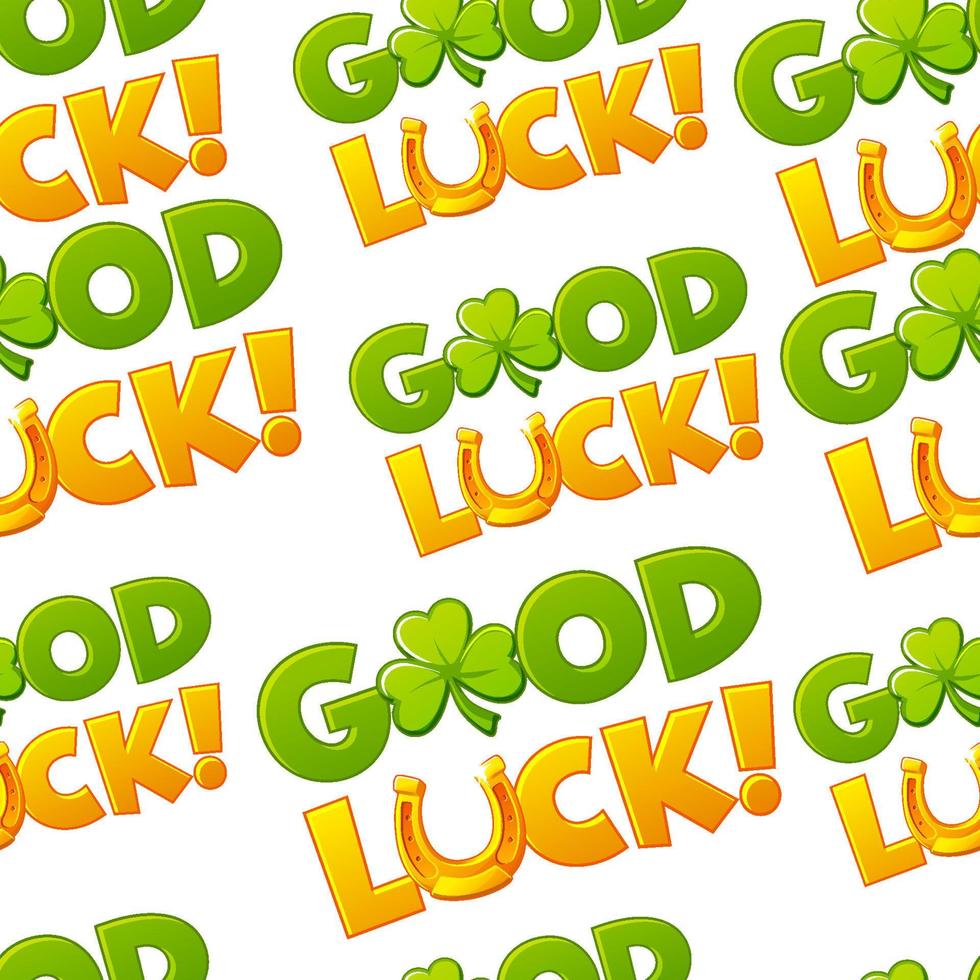 Seamless pattern with good luck text. Background with horseshoe and clover vector