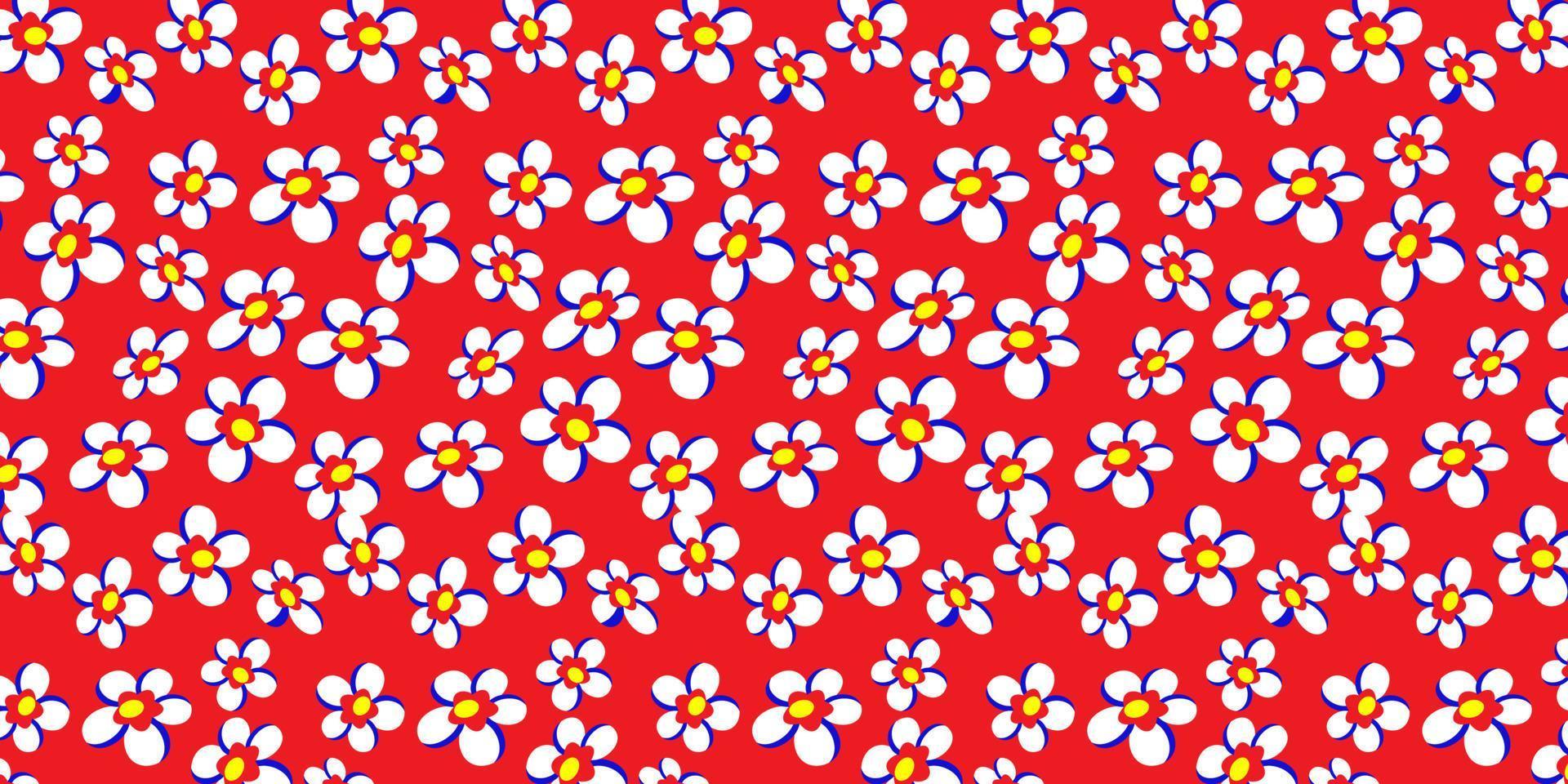 Ditsy flower seamless pattern on red background. High contrast theme coloured. Find fill pattern on swatches vector