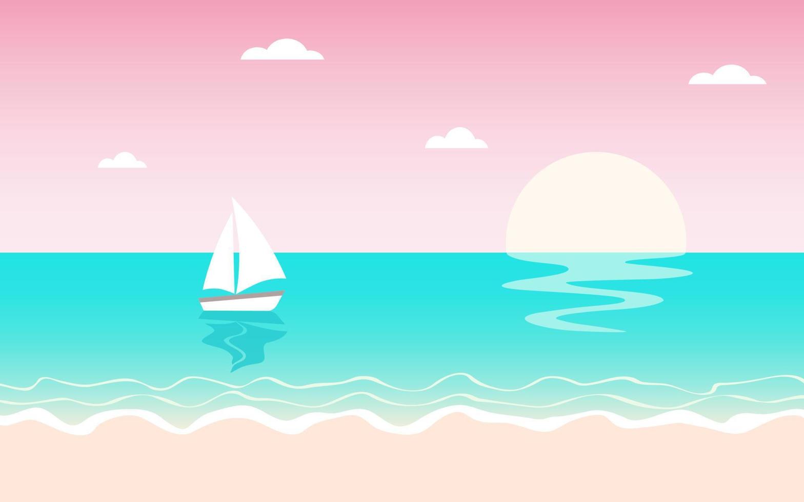 Seascape with pink sunset and turquoise sea. Vector illustration of a sailboat on a sunset background