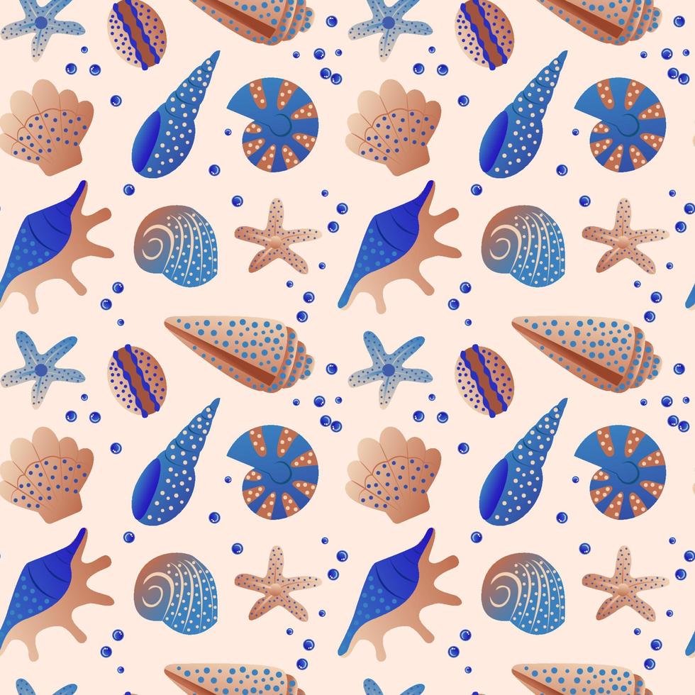 Sea bottom seamless pattern. Summer beach hand-drawn seaside vector print.Undersea world cartoon background with sea urchin, starfish, shell, coral. Seashore elements design for fabrics, wallpaper