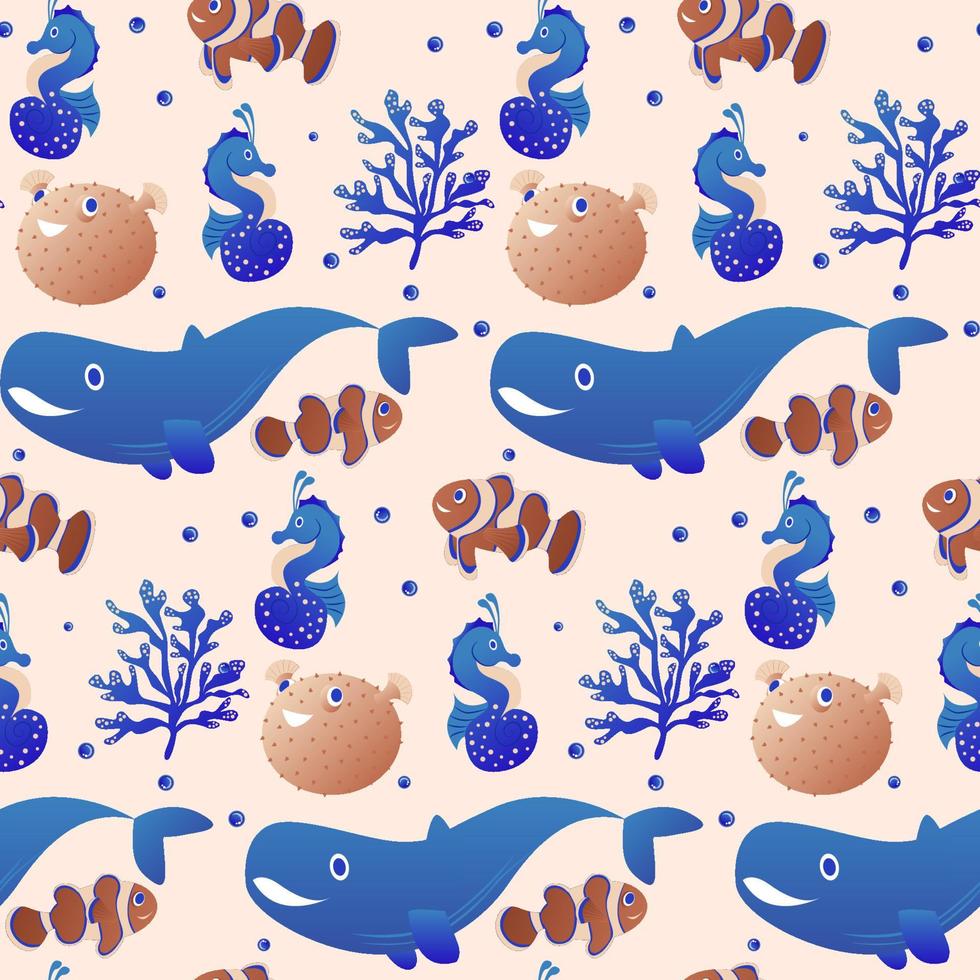 Jellyfish pattern. Seamless print of cute whale, clownfish, seahorse, hedgehog fish, and algae. Vector texture. Aquatic bright characters with bubbles.