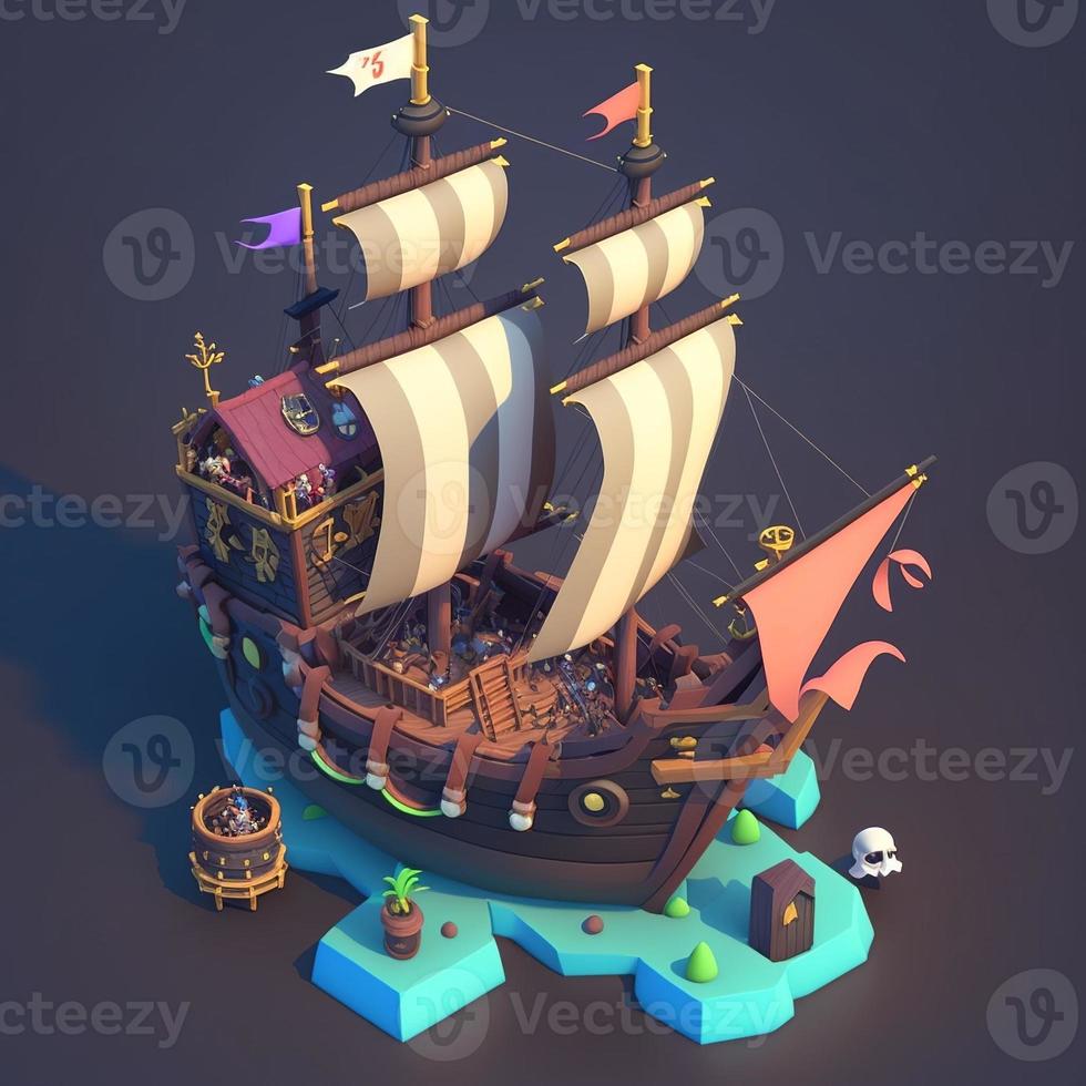 Pirate ship 3d, chest and skull on the sails, cute style. AI digital illustration photo