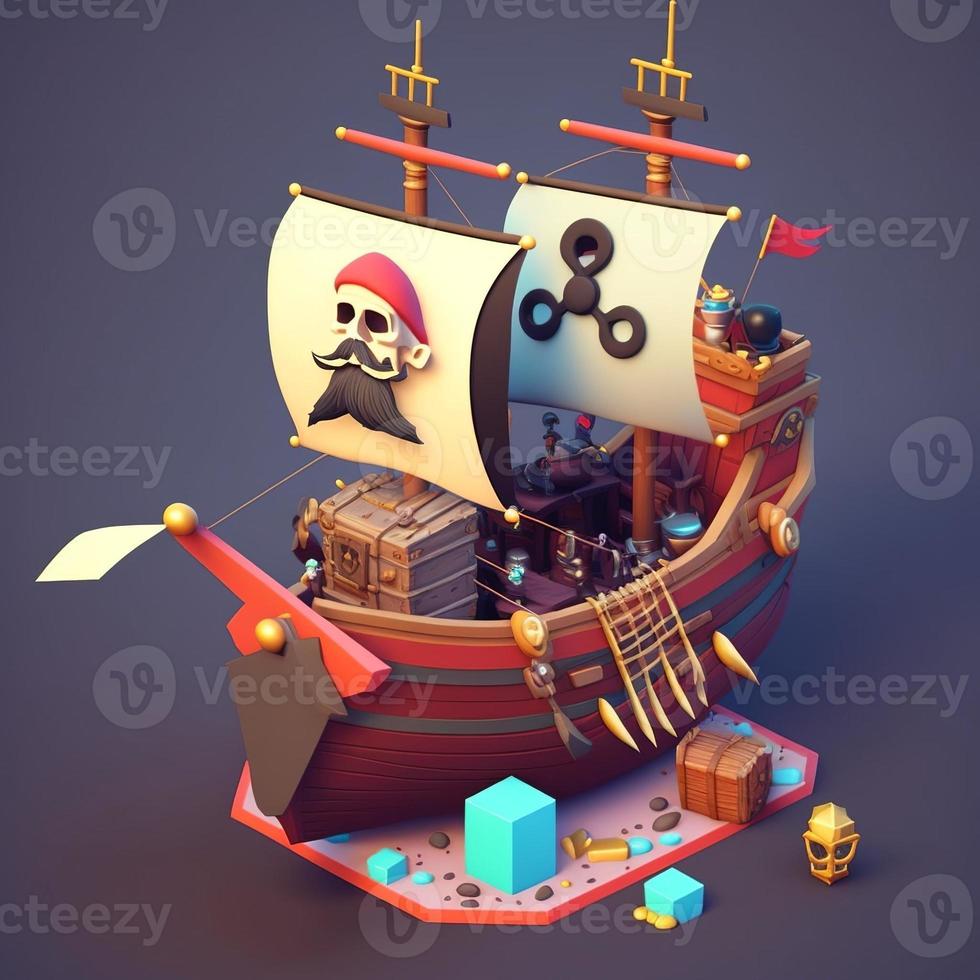 Pirate ship 3d, chest and skull on the sails, cute style. AI digital illustration photo