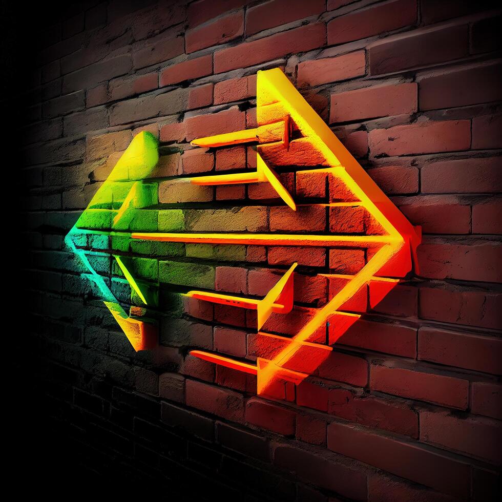 Neon orange and green arrows on brick wall. photo