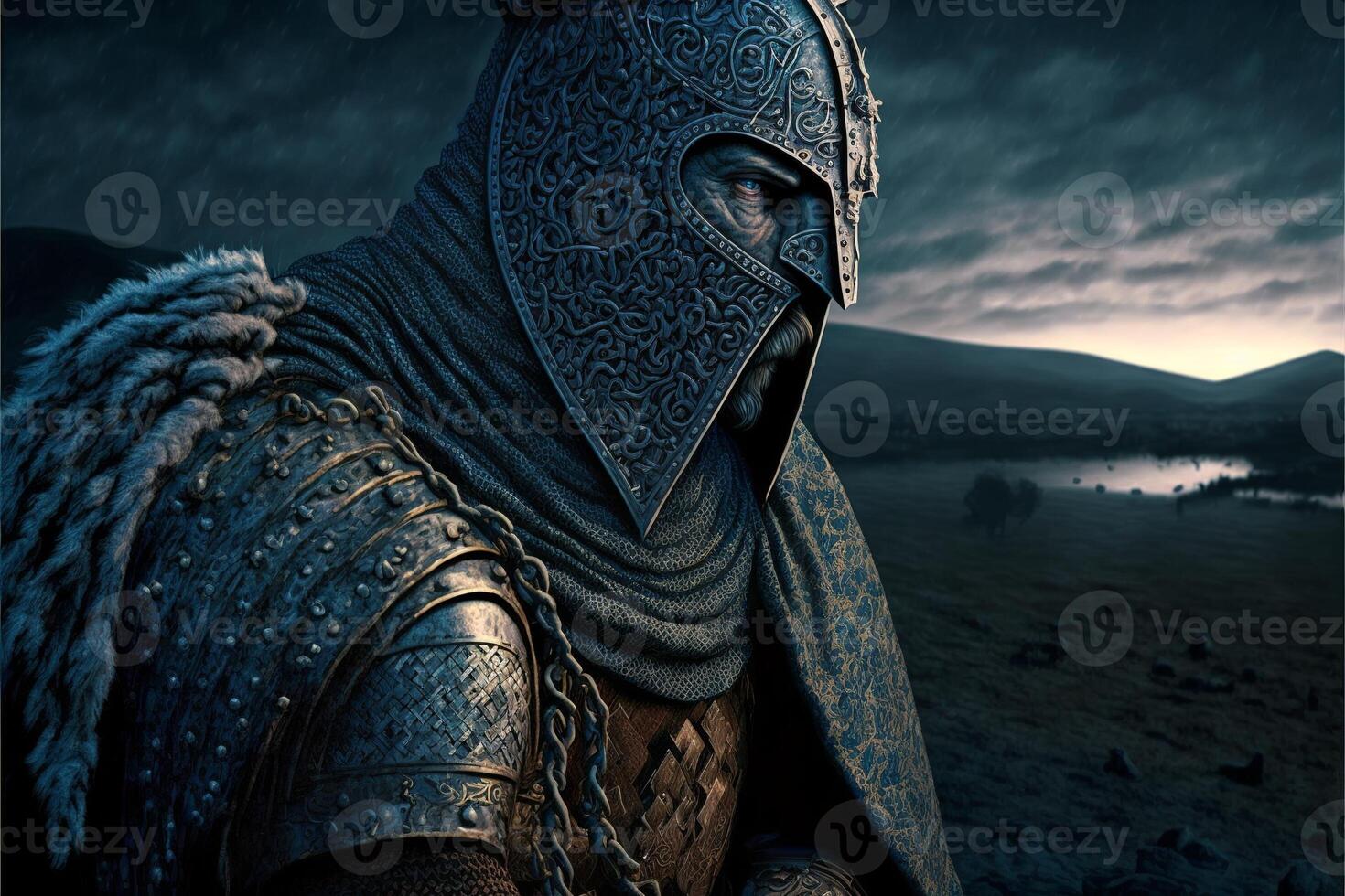 Celtic knight in armor, battlefield in background.. photo