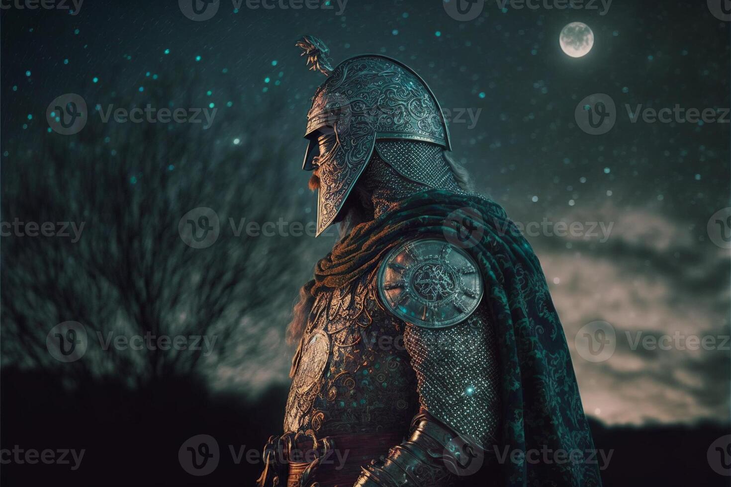 Celtic knight in armor, battlefield in background.. photo